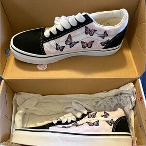 Vans Old Skool Checkerboard Skate Shoe - Black / White / Butterflies